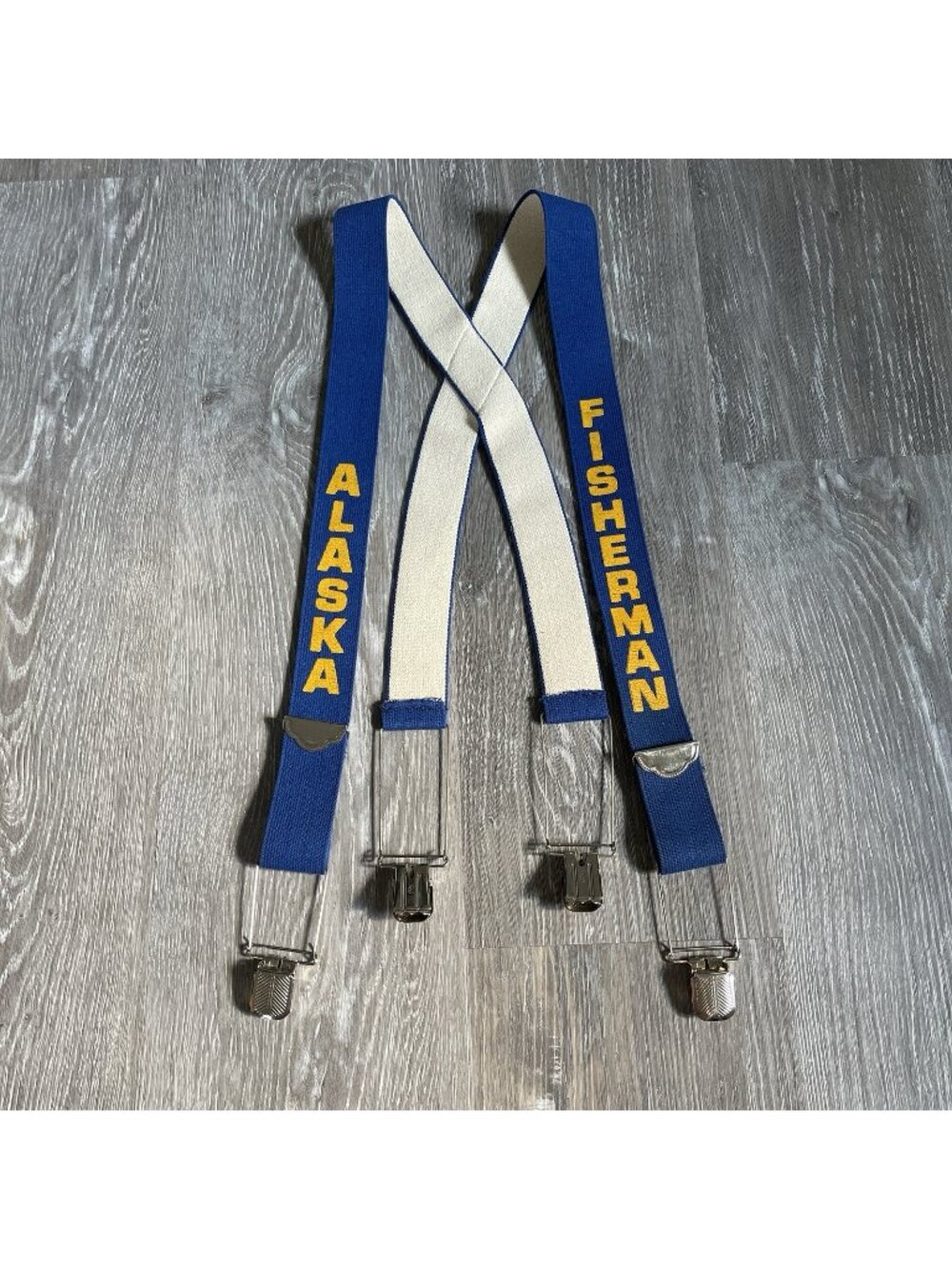 Vintage Suspenders Blue Gold Clip On Made in USA Adjustable Alaska Fisherman
